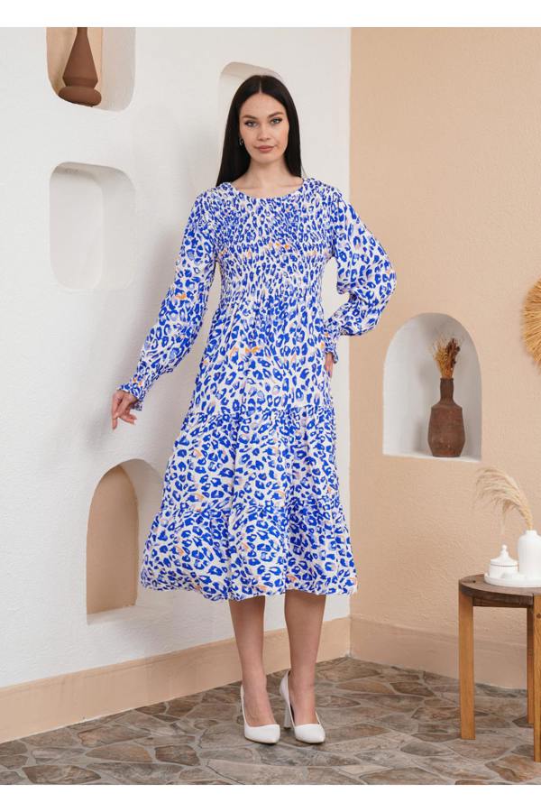 Hoxton Gal Relaxed Fit Round Neck Long Sleeves Leopard Printed Shirred Detailed Dress in Blue