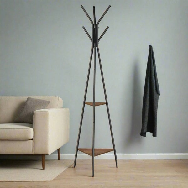 Modcraft Industrial Coat Rack Stand with 2 Shelves – Freestanding Hall Tree with 6 Hooks