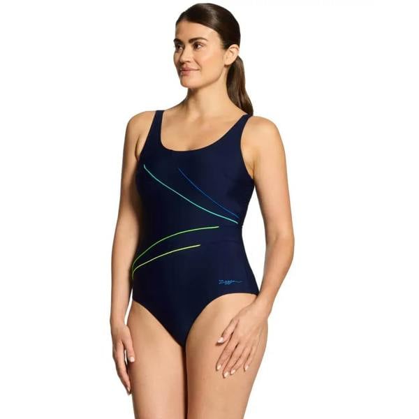 Navy Zoggs Octane macmaster scoopback swimsuit with neon accents