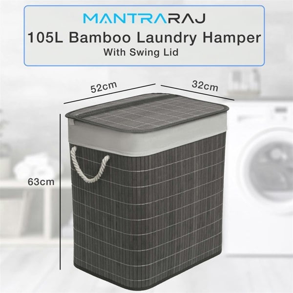 MANTRARAJ Bamboo Laundry Basket 105L Laundry Hamper with Lid Foldable Laundry Bin with 2 Compartments Grey