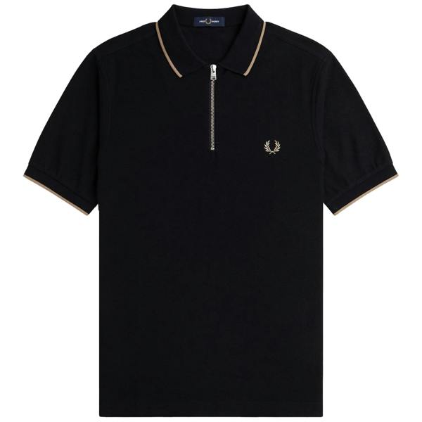 Front view of Fred Perry Crepe Pique Zip Neck Polo for Men in Black