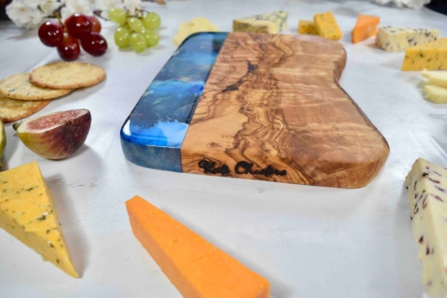 Blue Gold Cheese Board Olive Wood - 5th Wedding Anniversary Gift Ideas