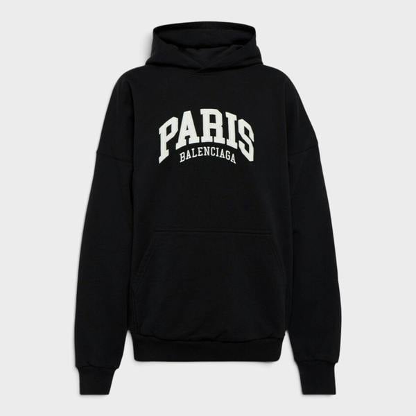 Balenciaga Cities Paris Wide Fit Logo Hoodie Black White