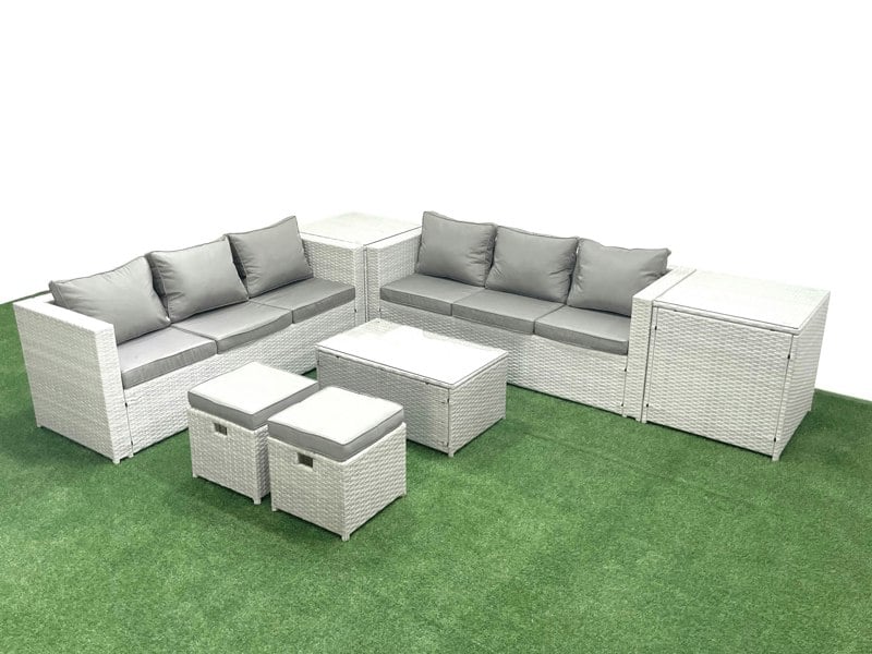 Fimous Garden Outdoor PE Rattan Furniture Set 8 Seater Rattan Garden Sofa Set with 2 Small Footstool 2 Side Tables Light Grey Mixed