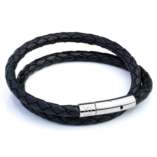 N'Damus London Holborn Black Leather Plaited Double Bracelet