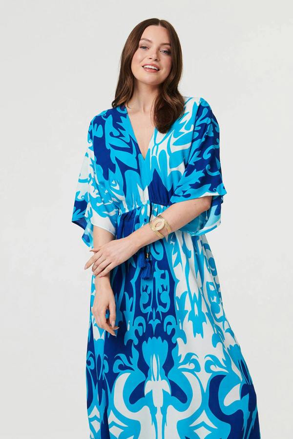 Blue | Abstract 3/4 Sleeve Relaxed Maxi Dress