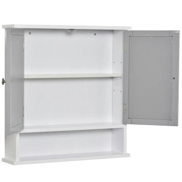 White bathroom wall storage cabinet with open shelf and grey right-side door compartment