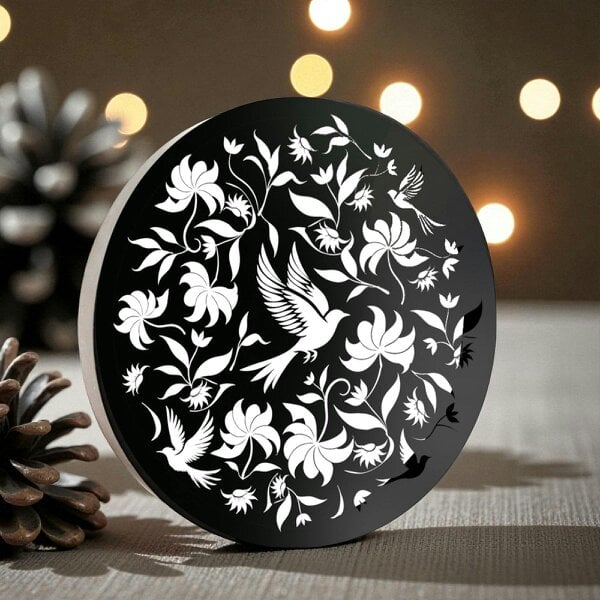 EDH Door Hardware Round Solar Wall Panel with Birds, Outdoor Metal Wall Art with LED Light, Weatherproof Garden & Patio Décor