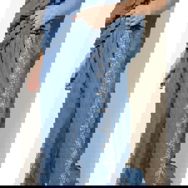 Blue Vanilla Floral Embroidery Wide-Leg Trousers