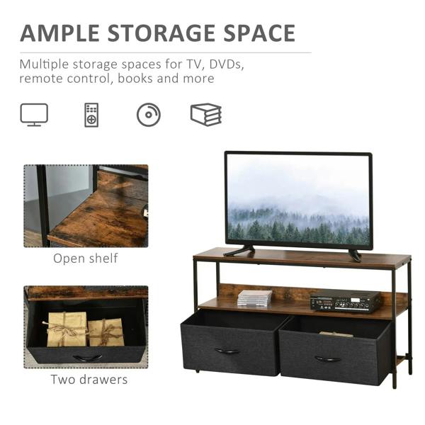 TV stand cabinet with open shelf and two gray foldable drawers, rustic brown tabletop