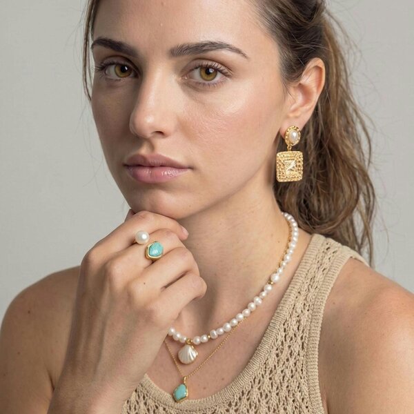 Uchi & Soto Shinju Pearl and Amazonite Stone Ring