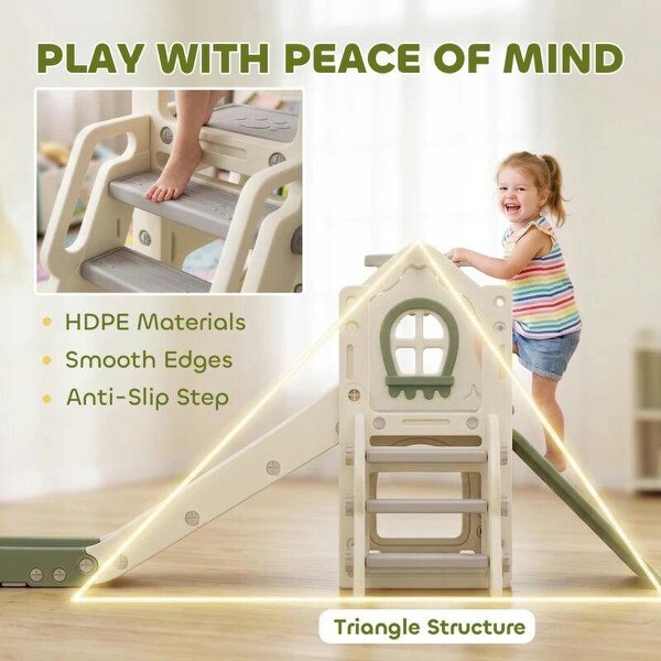 Foldable 5 in 1 Toddler Slide with Ladder, Climbing Wall, Basketball Hoop, Storage and Basketball for 1-3 Years, Cream