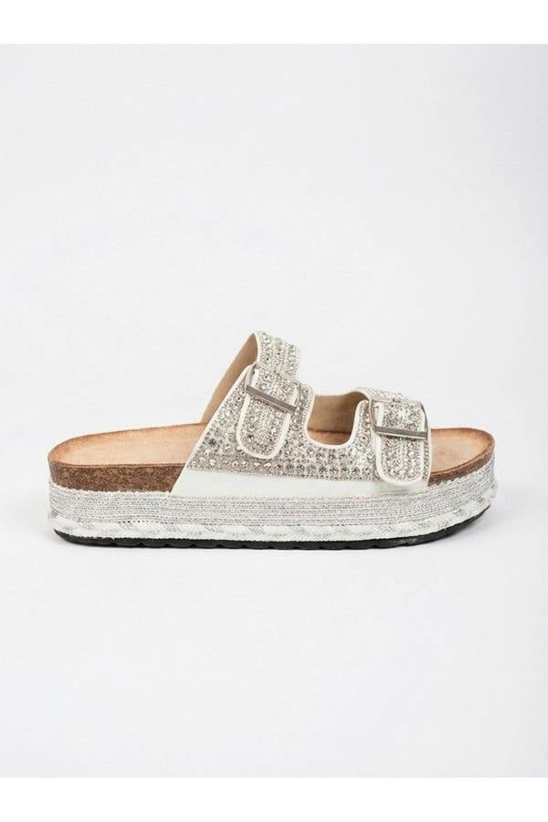 Aria Womens Rhinestone Buckle Platform Sandals - WHITE
