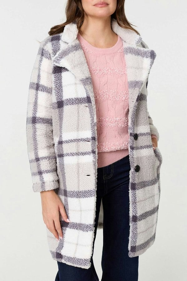 Grey | Checked Teddy Fur Thigh Length Jacket
