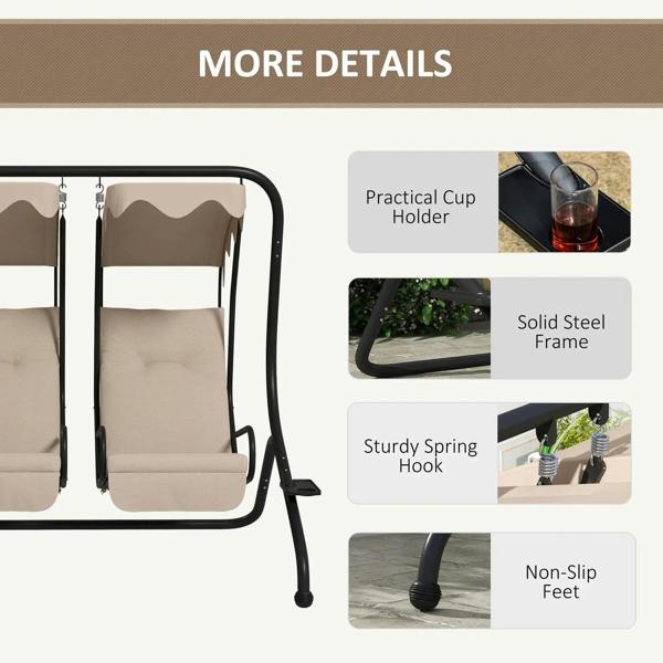 Beige swing chair with protective canopy, cup holder, sturdy frame, and non-slip feet.