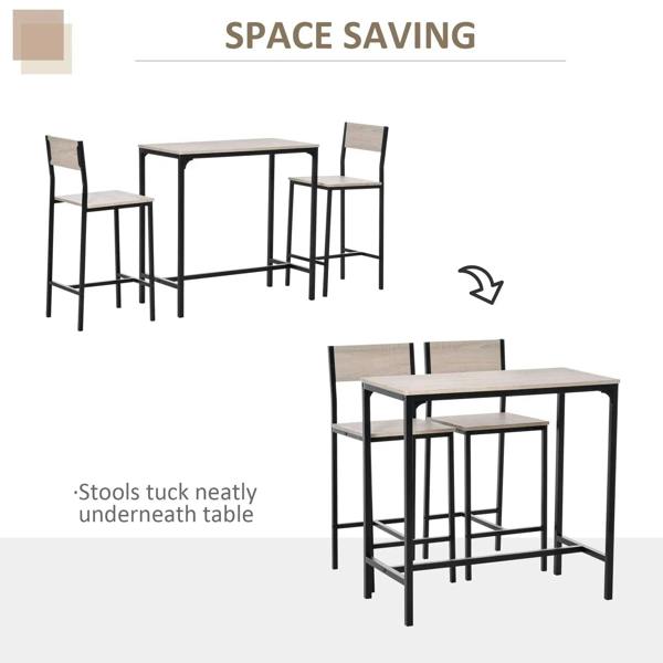 Space-saving bar table set with two stools; stools tuck under the tabletop