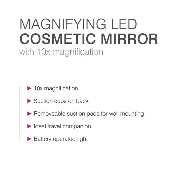 bulleted text listing features of mirror x10 magnification suction cups on back removable suction pads for wall mounting ideal travel companion battery operated light