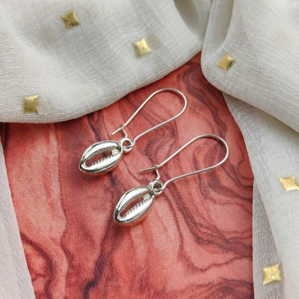 The Colourful Aura Long Silver Cowrie Sea Shell Charm Mermaid Beach Boho Dangle Dainty Earrings