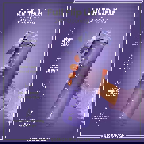 A purple water bottle with a flip lid is held by a hand. The lid opens 240 degrees. The bottle has measurements printed on it and is shown against a purple background. QUENCH RECYCLON™ is at the bottom.