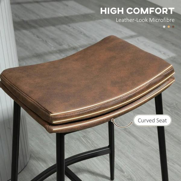 Brown curved padded bar stool seat with stitched detail and black steel legs