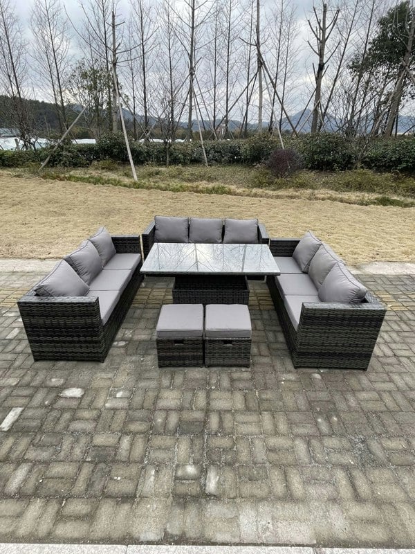 Fimous U Shape?Outdoor Rattan Garden Furniture Sofa Set Lounge Adjustable Rising Lifting Tables Footstool Dark Grey Mixed