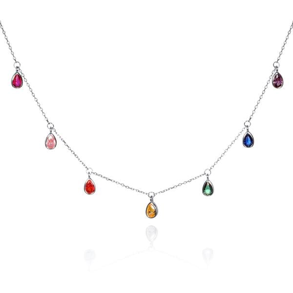 namana 925 Sterling Silver Rainbow Coloured Pear Shaped Charm Necklace for Women