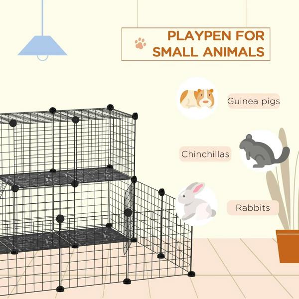 Black wire pet playpen with two dark resin platforms and front side door
