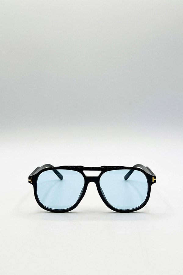 SVNX Oversized Navigator Sunglasses in Black with Blue Lenses