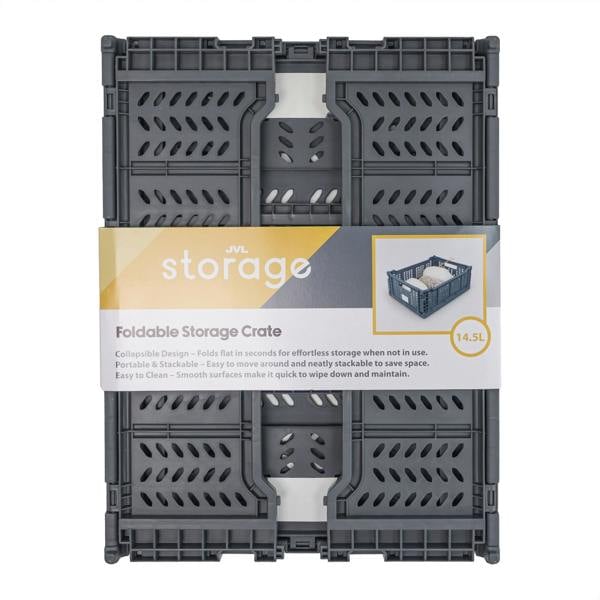 JVL STACKIT - Plastic Foldable Storage Crate - 14.5L - Grey
