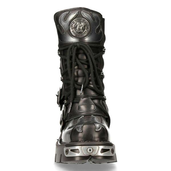 New Rock Flame Accented Black/Silver Leather Boots-591-S2