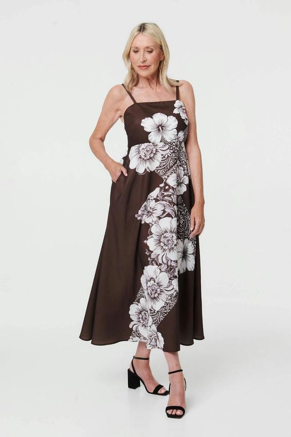 Brown | Floral Sleeveless Cami A-Line Midi Dress