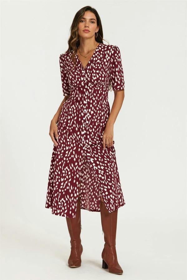 FS Collection Brushstroke Print Button Front Midi Dress In Burgundy
