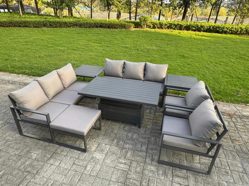 Fimous Garden Aluminium Furniture Set Dark Grey 9 Seater Outdoor Patio Adjustable Rising Dining Table with 2 Chairs 2 Side Tables Big Footstool