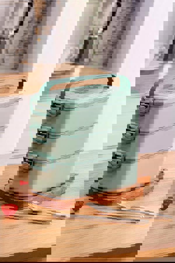 Living and Home 3-Layer Stackable 2700ML Bento Lunch Box 6-Grid Container with Handle & Cutlery - Light Green