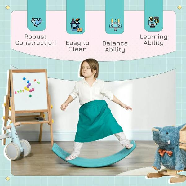 Child using a teal wobble balance board on the floor; curved board with textured top.