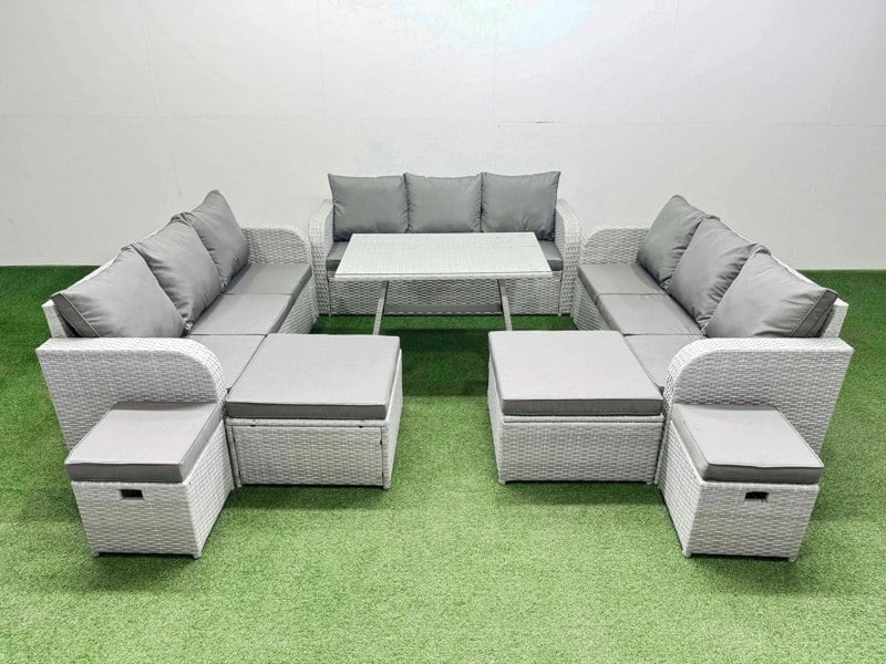 Fimous Patio Garden Furniture Sets with Dining Table 3 Seater Sofa 4 Stool Light Grey