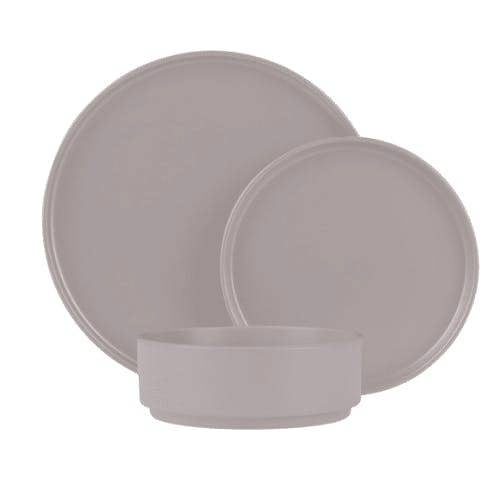 A 3-piece dinnerware set in a muted taupe color. The set includes a large dinner plate, a smaller salad plate, and a bowl.