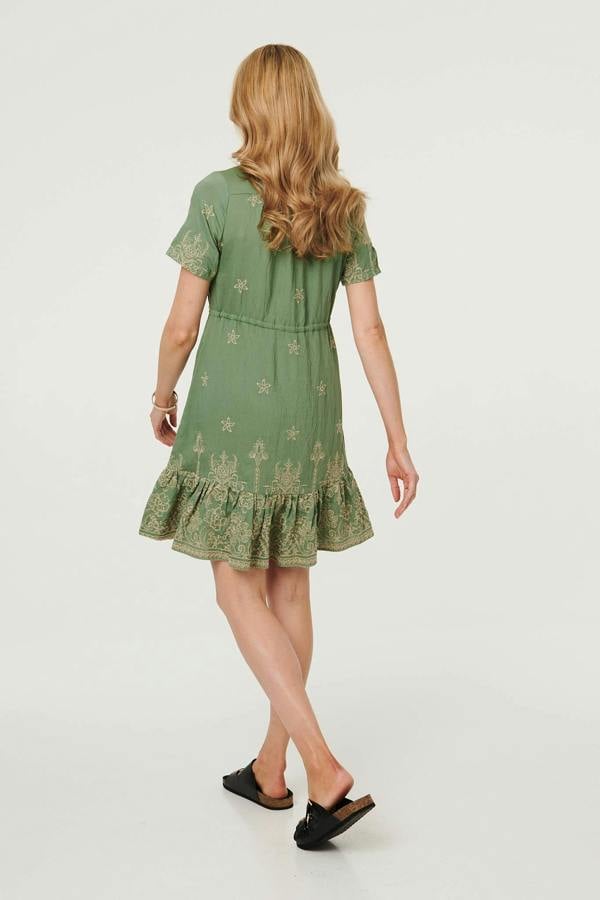 Green | Floral Embroidered Knee Length Dress