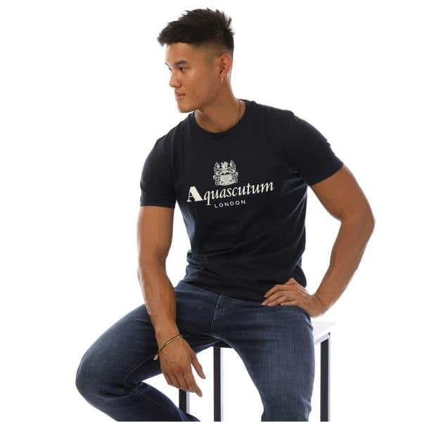 Aquascutum Mens Logo Crew Neck Regular T-Shirt - Navy/White - 