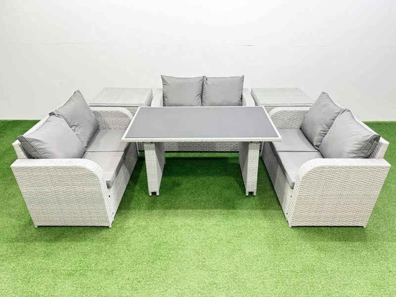 Fimous 6 Seater Patio Garden Furniture Sets with Black Glass Top Dining Table Love Sofa 2 Side Tables Light Grey