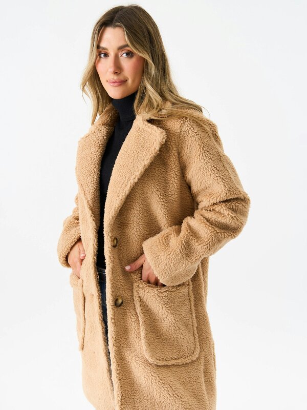 Gini London Camel Faux Fur Longline Teddy Overcoat