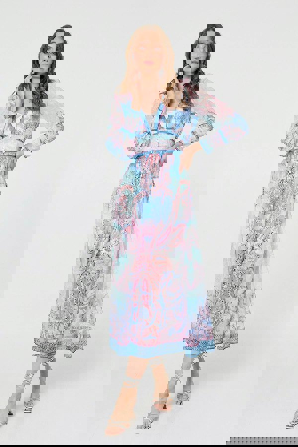 Blue | Border Print Layered Empire Midi Dress
