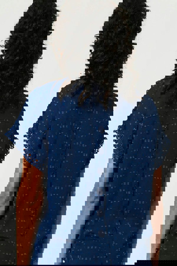 Navy | Lace Trim Short Sleeve Button Back Blouse
