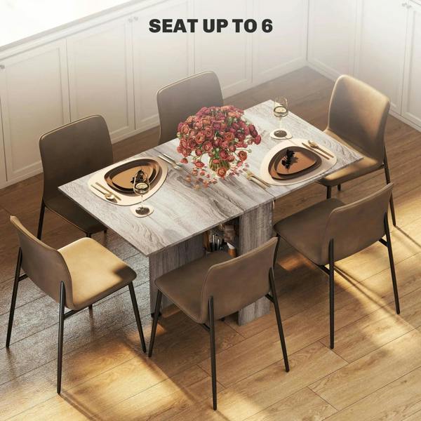 Grey folding dining table with two-tier shelf, set for dining with chairs