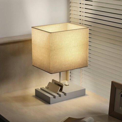 Wyld Haus Kata Wood And Fabric Grey Bedside Table Lamp With USB Charging Ports Phone Stands And Fabric Shade