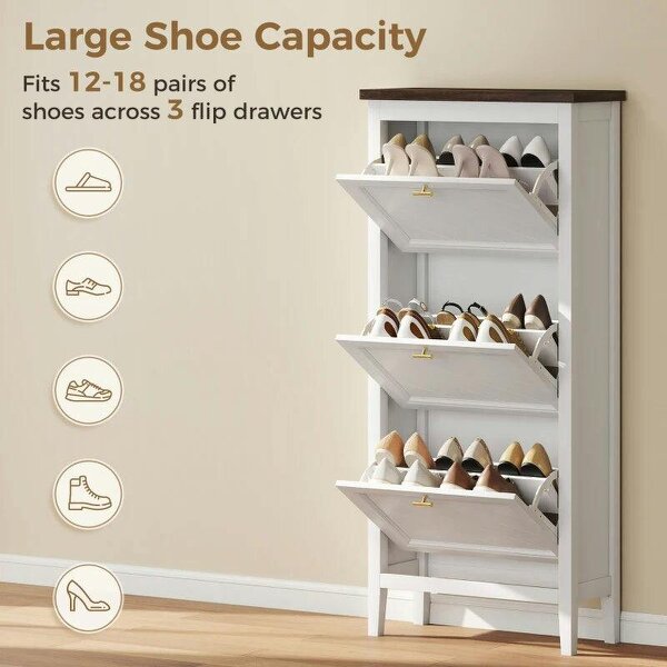 Shoe Cabinet with 3 Flip Drawers, Farmhouse Narrow Shoe Storage Cabinet with Adjustable Shelves, White