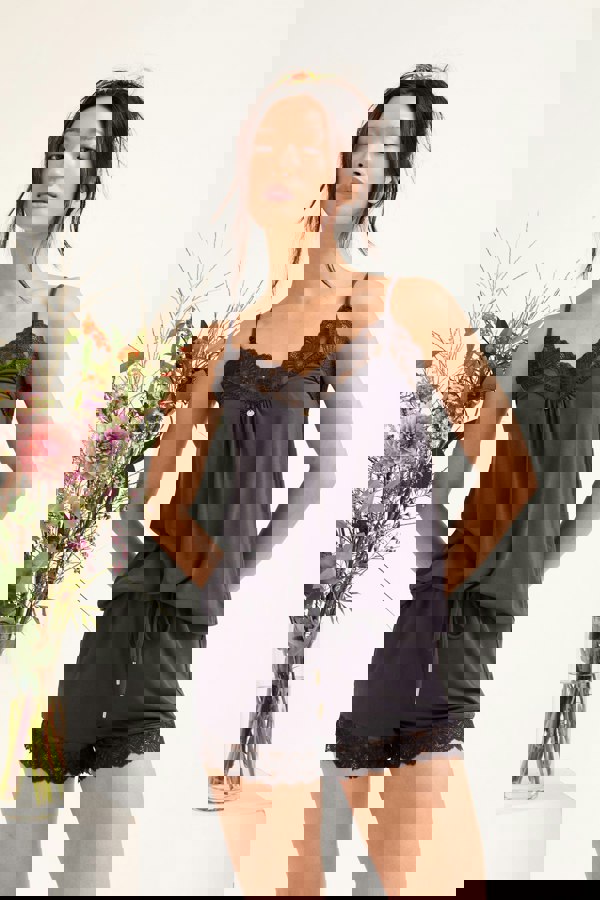 Pretty You London Women's Bamboo Lace Cami Short Pyjama Set in Raven