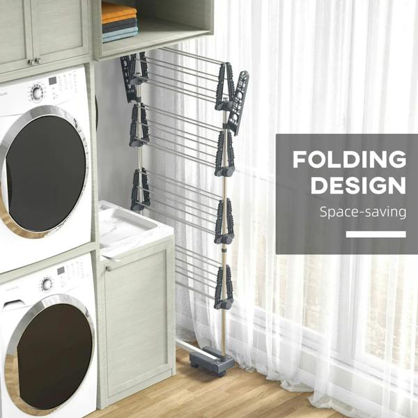 Grey folding clothes drying rack with multiple hanging bars, shown with stacked shelves