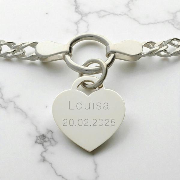 Love Silver Sterling Silver Heart and Birthstone Double Curb Bracelet With Optional Engraving