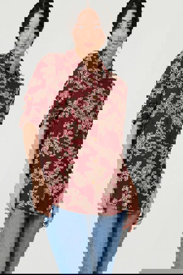 Burgundy | Floral Embroidered Long Sleeve Blouse
